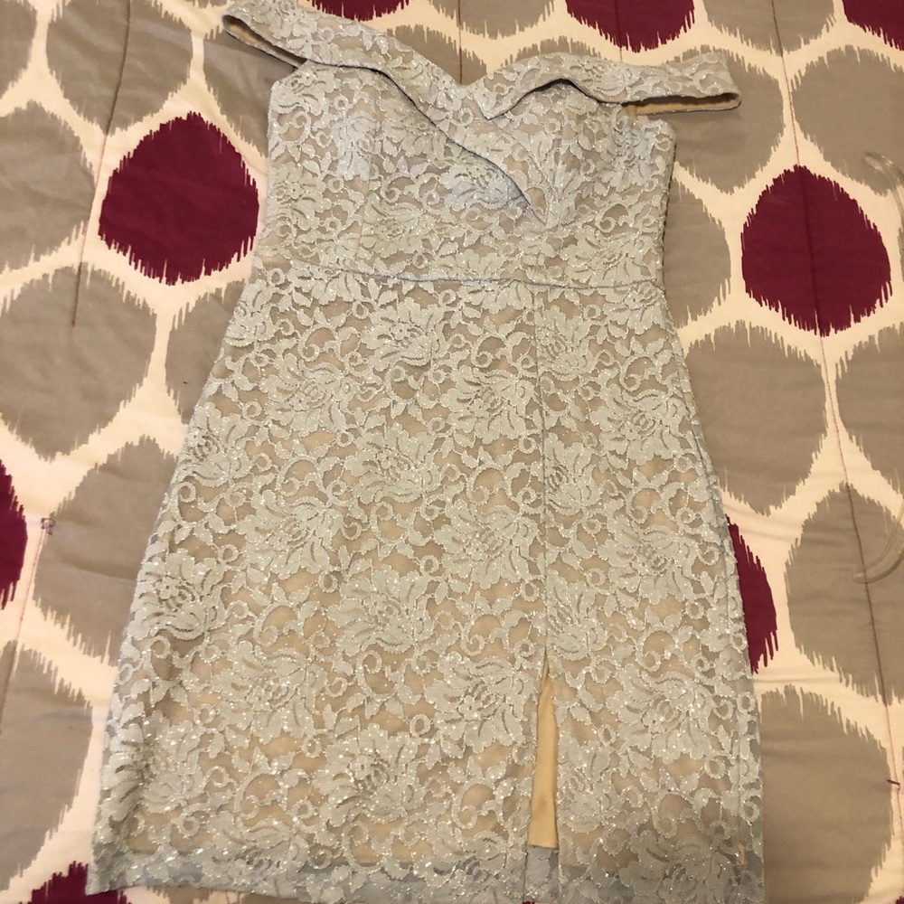Off shoulder blue lace dress with glitter